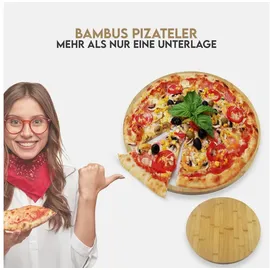 hausleben Pizzaschneidebrett 2er Set Pizzabrett/Kuchenplatte, Bambus, Ø35 cm x 1,2 cm, Kuchenplatte, (1-St), pizzaservierbrett schneiderbrett mit Griff