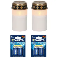 Fachhandel Plus LED-Grablicht weiß Grabkerze Ewiges Licht 2er Set Varta Alkaline Flackereffekt und Timer