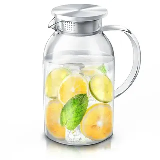Arendo Karaffe Glaskaraffe 2,3 Liter mit Deckel aus lebensmittelechtem Edelstahl, Borosilikatglas, 2300 ml, Sieb, hitze- und kältebeständig, BPA-frei weiß 2300 ml