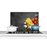 MuchoWow Küchenrückwand Nudeln - Kräuter - Tomate - Gewürze - Rustikal, (1-tlg), Spritzschutz Küche - Küchenrückwand - Wandschutz für Herd und Spüle - bunt 60 cm x 40 cm