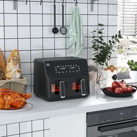 Homcom Dual Zone Heißluftfritteuse 8-in-1 8 L Airfryer 2 Kammern mit Sichtfenster, 2500W Heissluftfritteuse mit Innenbeleuchtung, Timer, 80-200°C, - Schwarz