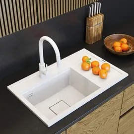 granitar Granitan | Granitspüle RENDO - Weiß - Modernes Design - Einbau mit Abtropffläche - Weiß