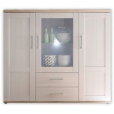 Stella Trading Highboard in Sibiu Lärche / Eiche San Remo Optik - Landhausstil Wohnzimmerschrank mit viel Stauraum und LED-Beleuchtung - 156 x 137 x 46 cm (B/H/T)