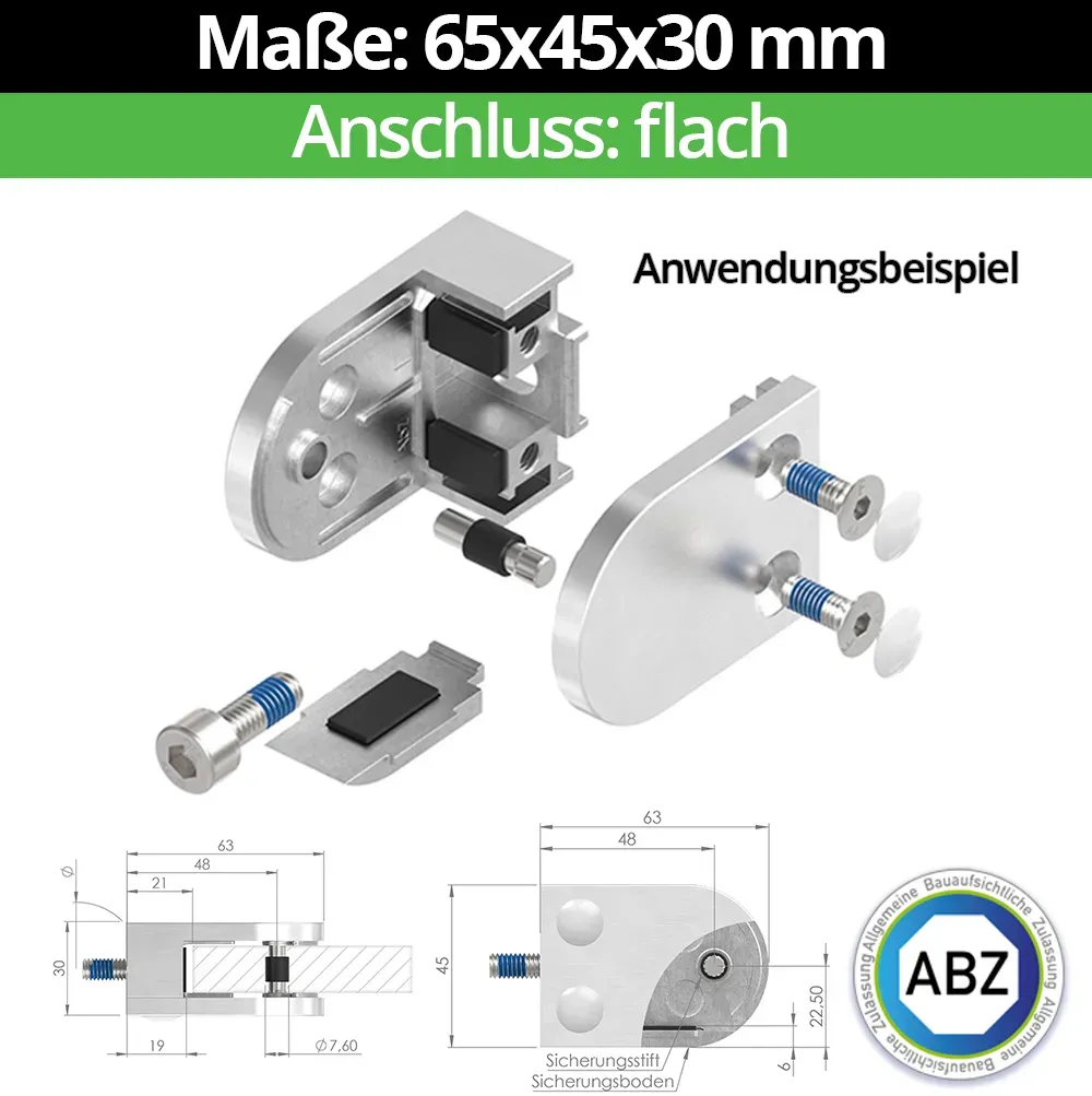 Glasklemme AbZ 63x45x30 mm Flach, für 1,5 mm Blech, Sicherungsstift (Bohrung 12 ... - Nein | Ohne Sicherungsboden - Sicherungsstift (Bohrung 12 mm) - für 1,5 mm Blech - Flach