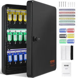 VEVOR Schlüsselschrank Schlüsselkasten 48 Schlüssel, Schwarz Schlüsselbox Schlüsseltresor Einstellbar, Abschließbarer Schlüsselschrank mit 6 x Schlüsselhaltern, 2 x Schlüsseln & 1 x Karteikarte