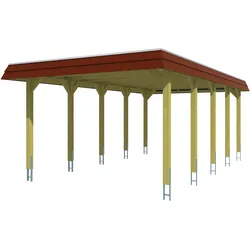 Skan Holz Walmdach Carport-396x741cm-rote Blende-nussbaum Holzcarport