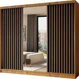 WFL GROUP Moderner Kleiderschrank Schwebetürenschrank mit Spiegel und Holzlamellen 100 150 200 cm - Kleiderschrank für Schlafzimmer mit Schwebetüren - Kleiderstange - 240 cm - Eiche Artisan / Artisan Lamellen