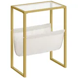 HOOBRO Beistelltisch Schmal, Nachttisch mit Zeitschriftenschlinge aus Stoff und Glasplatte, Geeignet für Kleine Räume, Gold EGD66BZ01