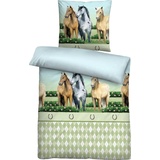 Biberna Kinderbettwäsche Bettwäsche, Biberna, Renforcé, 2 teilig, Linon Tiermotive: Pferd grün