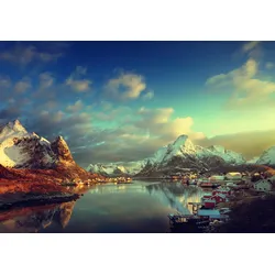 Fototapete PAPERMOON "LOFOTEN-INSELN-SEE GEBIRGE BERGE ALPEN SONNE DORF MEER", bunt, B:3,50m L:2,60m, Vlies, Tapeten