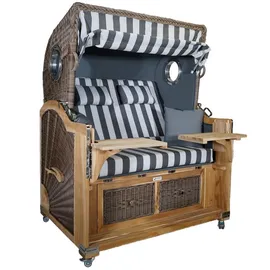 Strandkorb-King Strandkorb Teak XL grau/weiß 21⁄2 Sitzer, Geflecht Koboo Vollliegemodell Premium