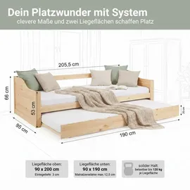 Homestyle4u Ausziehbett 90 x 200 cm Kiefer massiv braun