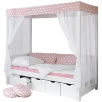 TICAA Himmelbett Lino 90 x 200 cm Kiefer weiß inkl. 5 Schubkästen stern-rosa