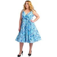 Miss Lavish London Frauen Plus Größe Kleider Retro Swing Blumen Rockabilly 40s und 50er Jahre Vintage Brautjungfer Kleid [VOGEL-BLAU-54] - 54