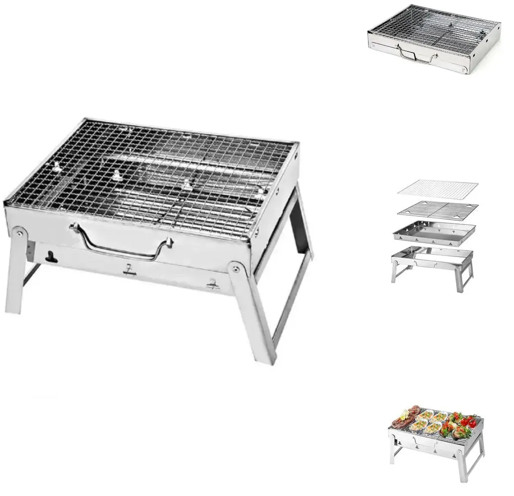 Toolbrothers Outdoor tragbarer Holzkohle Edelstahl Grill für Camping werkzeuglose Montage 43 x 29 x 23 cm Silber Smoker BBQ Pit Grill