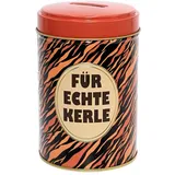 Dekohelden24 Metall-Spardose - Blechdosen-Design - Motiv: Für echte Kerle, Schwarz-Braunem Design, Tigerstreifen, Größe H/Ø ac. 14 x 9 cm