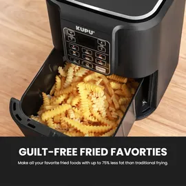 KUPU Heißluftfritteuse, 6L Airfryer, 360°Luftzirkulationstechnologie, 6-in-1 Kompakte Heissluftfritteuse, spülmaschinenfeste Körbe, 1500W - Schwarz