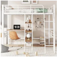 Flieks Hochbett Metallbett Kinderbett 90x200cm mit Schreibtisch Regale Geländer Leiter weiß