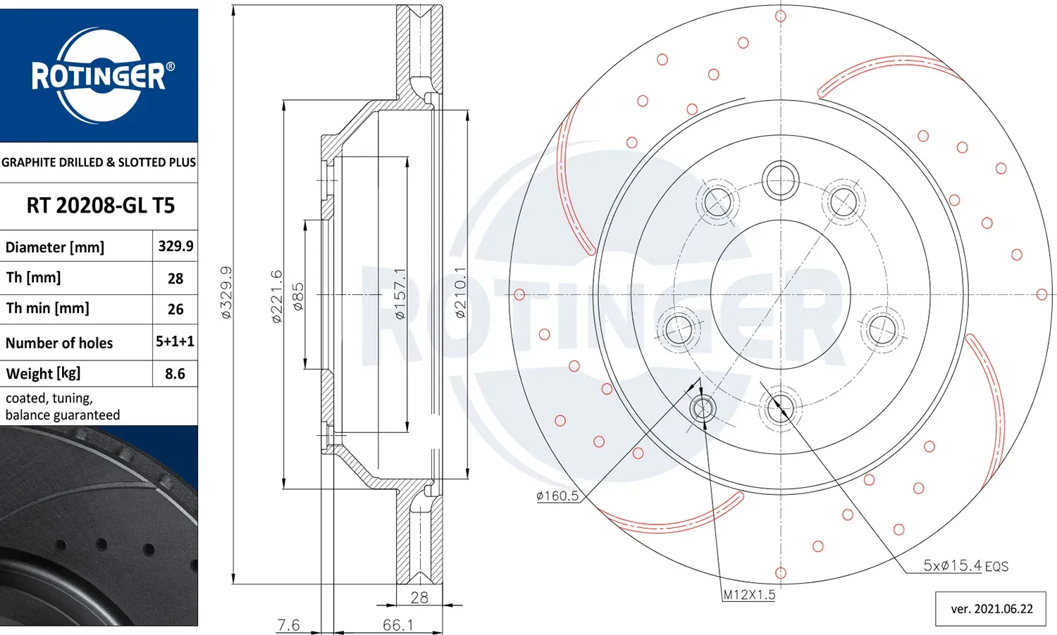 ROTINGER Bremsscheibe rt20208glt5 Hinterachse Gelocht 330mm 28mm für VW VAG Porsche