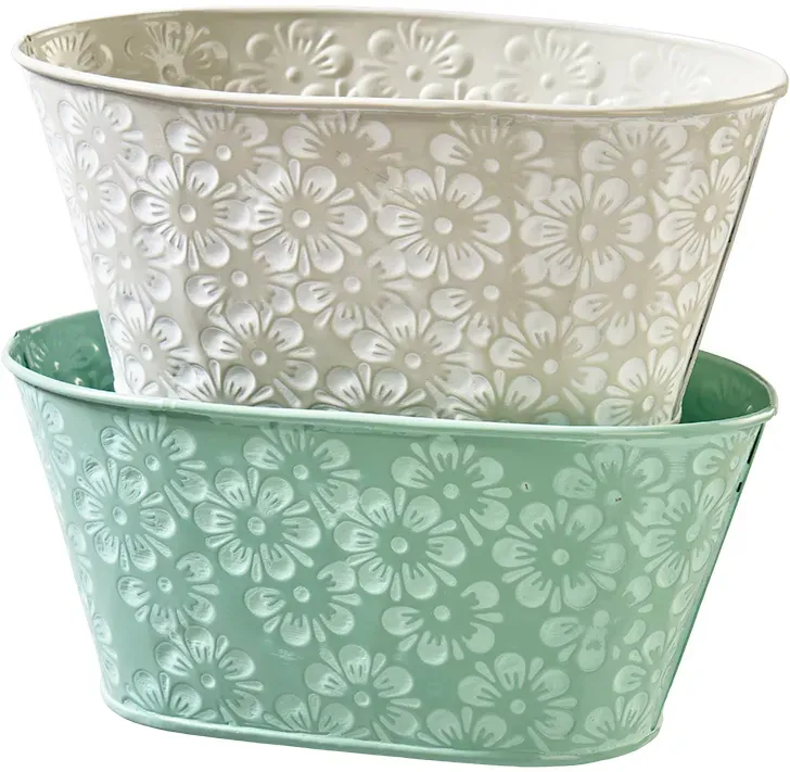 Jardiniere Metall 21x12x10cm Blumen sortiert  - grün/grau