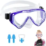 HIKOTEY Taucherbrille Kinder 4-16 Jahre, Schwimmbrille mit Nasenabdeckung,Schnorchelmaske für 180° Panorama HD Silikonband, Anti Nebel Anti-Leck Schnorchelset für Mädchen Jungen (Dunkelblau)