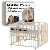 Sämann Laufgitter mit Matratze Cloud Air & Schlupfsprossen weiß/natur Premium | Gr.: 120x120 cm