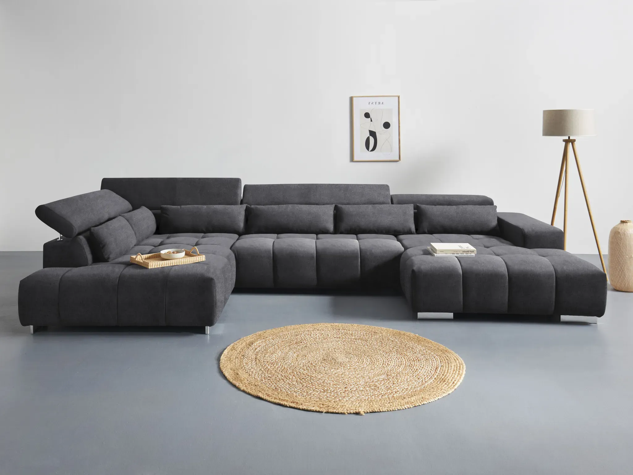 Wohnlandschaft COTTA "Orion U-Form", schwarz, B:409cm H:73cm T:225cm, 100% Polyester, Sofas, inkl. Kopfteilverstellung und Nierenkissen