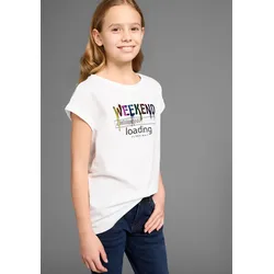 T-Shirt KIDSWORLD "WEEKEND loading...please wait", Mädchen, Gr. 176/182, weiß, Jersey, Obermaterial: 100% Baumwolle, bedruckt, modisch, weit hüftbedeckend, Rundhals, Kurzarm Aufschlag, Shirts, Kurzarm, weite Passform, bedruckte Optik, Rundhalsausschnitt