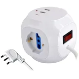 Alcapower Würfel-Steckerleiste: 3 Schuko-Buchsen, 2 USB-A, 1 USB-C PD, 3500W, 1,5m Kabel, beleuchteter Schalter, kompaktes Design, Schwarz.