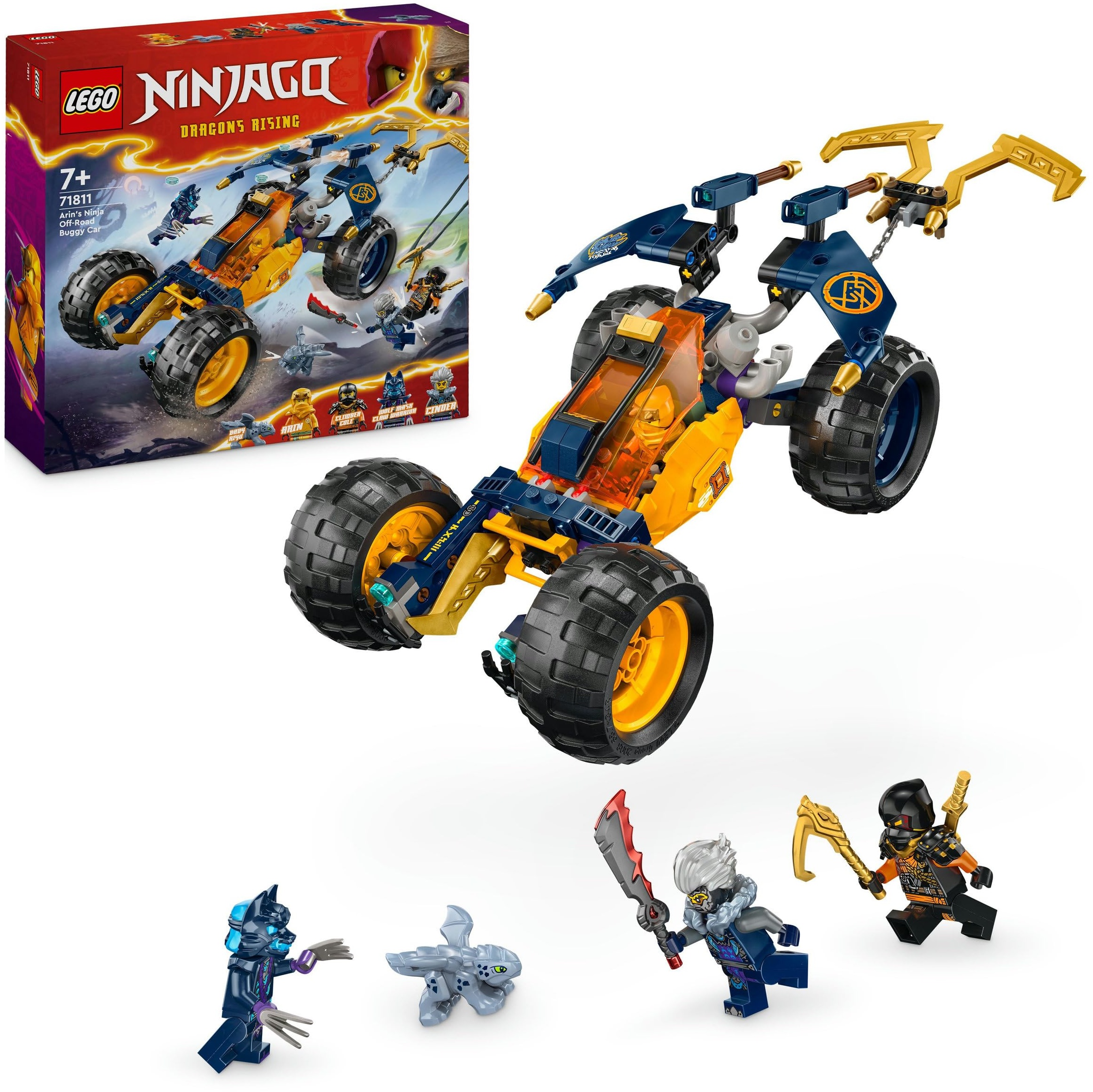 LEGO NINJAGO Arins Ninja-Geländebuggy, Ninja-Spielzeug mit Auto, Drache und 4 Mini-Figuren, Abenteuer-Set mit Buggy-Modell für Kinder, Geburtstagsgeschenk für Jungen und Mädchen ab 7 Jahren 71811