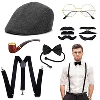 ZHITENG 20er Jahre brille herren Kostüm 20er Jahre Kostüm Herren 1920er Herren Outfit Panamahut Hosenträger Fliege Bärte Brille 20er Jahre Accessoires Für Karneval Fasching Halloween Partys