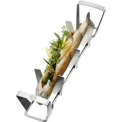 Grillschale GEFU "FISCHHALTER BBQ", silber, B:36,7cm H:7,8cm T:7,7cm, Edelstahl, Backbleche, verstellbare Größe, leicht zu reinigen, perfekt für Grillpartys