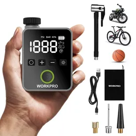 WorkPro Mini Fahrradpumpe, Kabellose Elektrische Luftpumpe 140 PSI, Tragbare Akku Kompressor mit LED-Display und Licht, für Fahrrad, Motorrad und Ball