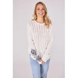 Rundhalspullover LIEBLINGSSTÜCK "TriciaL", Damen, Gr. 46, weiß (sanftes weiß), Strick, Obermaterial: 60% Baumwolle, 40% Polylactid, unifarben, modisch, Langarm Bündchen, Pullover, mit trendiger Stickerei