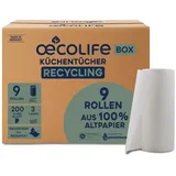 oecolife Küchentücher Box RECYCLING, 9 Rollen á 200 Blatt, Kurzblatt, Küchenrollen Großpackung, plastikfrei, nachhaltig, Haushaltsrollen, Allzwecktücher, Papiertücher, Papierhandtücher, Küchenpapier