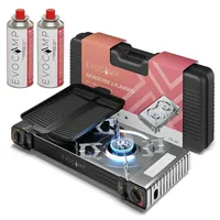 EVOCAMP 2-flammiger Gaskocher mit Piezozündung inkl. 2x Gaskartuschen 227g und Grillaufsatz 38 cm