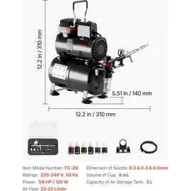 Vevor Airbrush Set 1/6 PS mit Luftkompressor & Tank, 1 Dual Action Airbrush Pistole mit 3 Düsen (0,2/0,3/0,5 mm) & Schlauch & Acrylfarbe & 1 Ventilator