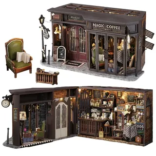 TOPBSFARNY Tiny House Kit mit Staubschutz 3D Holz Puppenhaus Miniatur Kit für Erwachsene, DIY Holz Handwerk Mini Modell Vintage Magic Coffee Shop Kits Geburtstag Home Decor