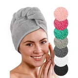 LAYNENBURG Premium Haarturban mit Knopf aus 100% Baumwolle - Haar-Handtuch inkl. 4 Haargummis - für Kurze und Lange Haare – Turban Handtuch ist schnelltrocknend und saugstark (grau)