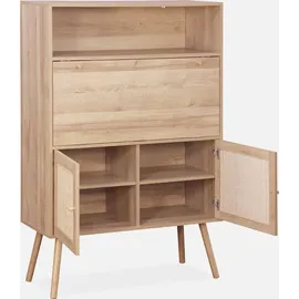 sweeek - Schreibschrank / Sekretär, 2 Türen und Regale, Holzeffekt und Rohrgeflecht