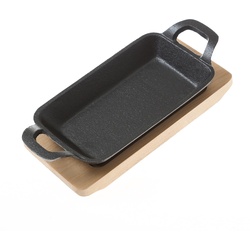 Gusspfanne mit 2 Griffen und Holzuntersetzer - Gusseisen - L: 22,5cm - Servierpfanne