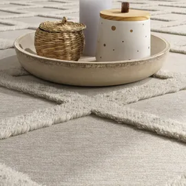Paco Home Teppich Wohnzimmer Schlafzimmer Kurzflor Boho Skandi Raute 3D Grau Anthrazit 160x220 cm - Creme