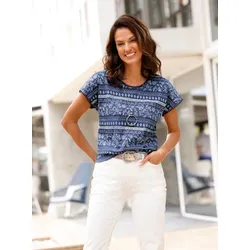Print-Shirt INSPIRATIONEN "Print-Shirt", Damen, Gr. 38, blau (marine, ecru, bedruckt), 100% Baumwolle, gemustert, mehrfarbig, bedruckt, Rundhals, Kurzarm, Shirts