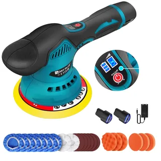 Poliermaschine 12V Akku Exzenter Polierer 2800-5500RPM, 12mm Exzenter Akku Poliermaschine mit LCD-Bildschirm, 27PCS Polierpad Set Auto Boot Poliergerät