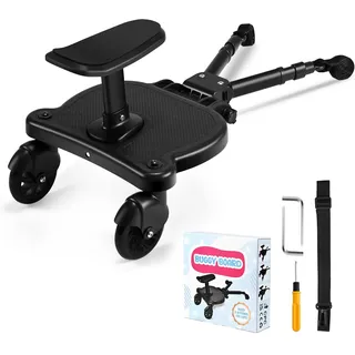 Buggy Board mit Sitz, FNRIDS Trittbrett für Kinderwagen Universal,mit Aufhängegurt, stabiles Two Wheel Design, 360 drehbar, Kinderwagenzubehör für Kinder von 2 bis 6 Jahren (25 kg) (Schwarz)