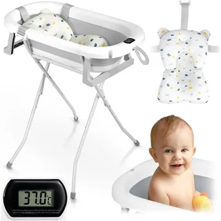 Ricokids Baby Badewanne Babywanne mit Gestell, Thermometer und Badekissen - Faltbar Leicht Rutschfest - weiß grau