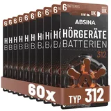 Absina Hörgerätebatterien 312 60 Stück mit gut greifbarer Schutzfolie - Batterien für Hörgeräte 312 Zink Luft mit 1,45V - Typ 312 Hörgeräte Batterie Braun - PR41 ZL3 P312 Hörgerätebatterien