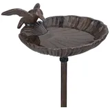 Relaxdays Vogeltränke zum Stecken, Wasserschale mit Vogel, frostsicher, Gartenstecker, 100 cm hoch, Gusseisen, braun