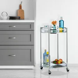 Relaxdays Servierwagen rund, Barwagen mit 2 Etagen, Stahl, verspiegelte Ablagen, Teewagen mit Rollen, 75 x 50 cm, silber