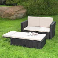 Polyrattan Gartensofa und klappbare Fußbank Lounge Sessel Gartenmöbel schwarz